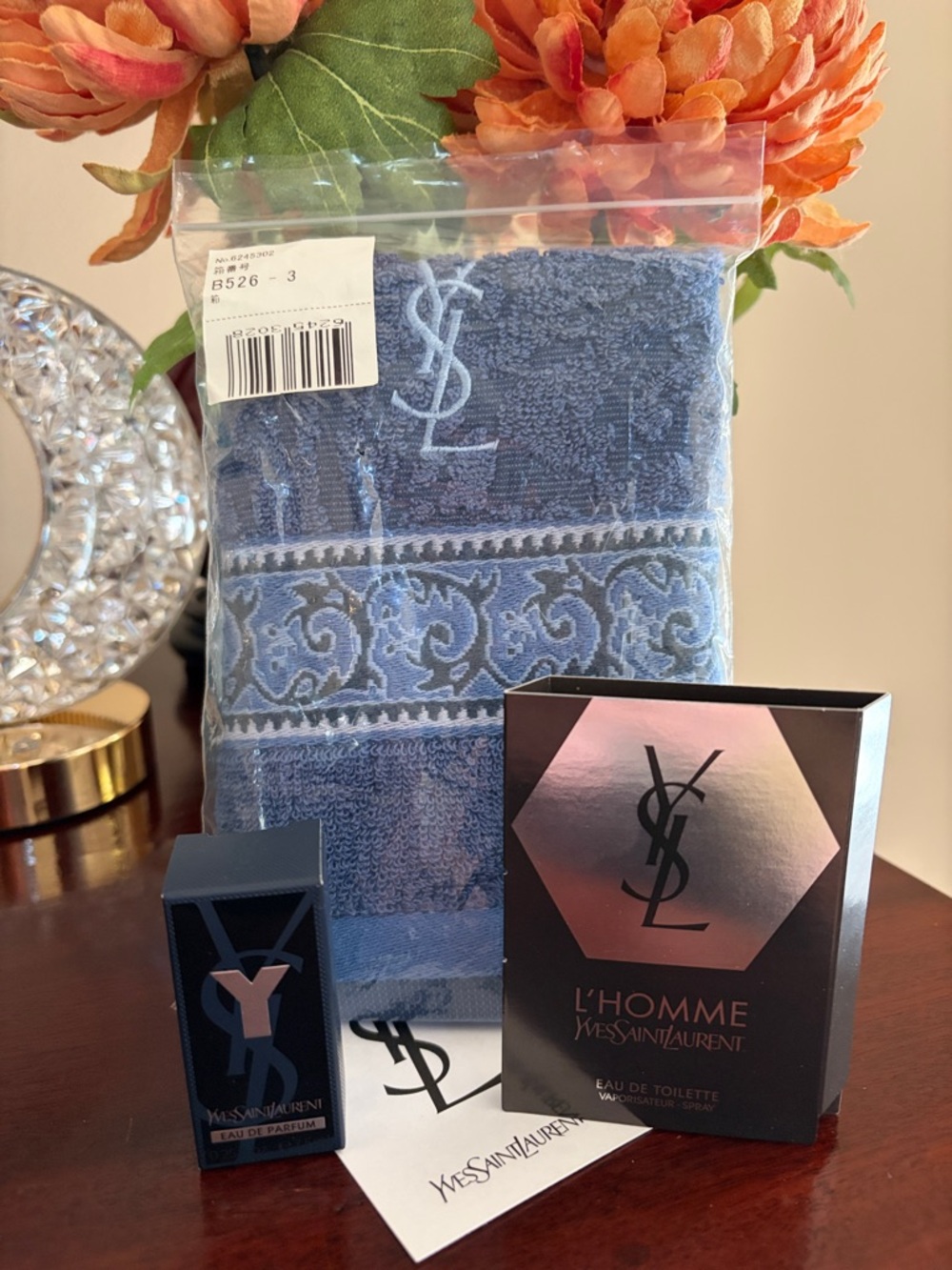 New YSL Men’s 3 piece bundle hand towel, YSL “Y” EDP 7.5ml box and YSL L’HOMME